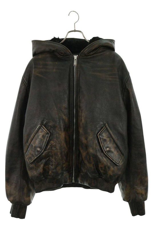 424 Leopard Print Hooded Leather Bomber Jacket Brown Size L