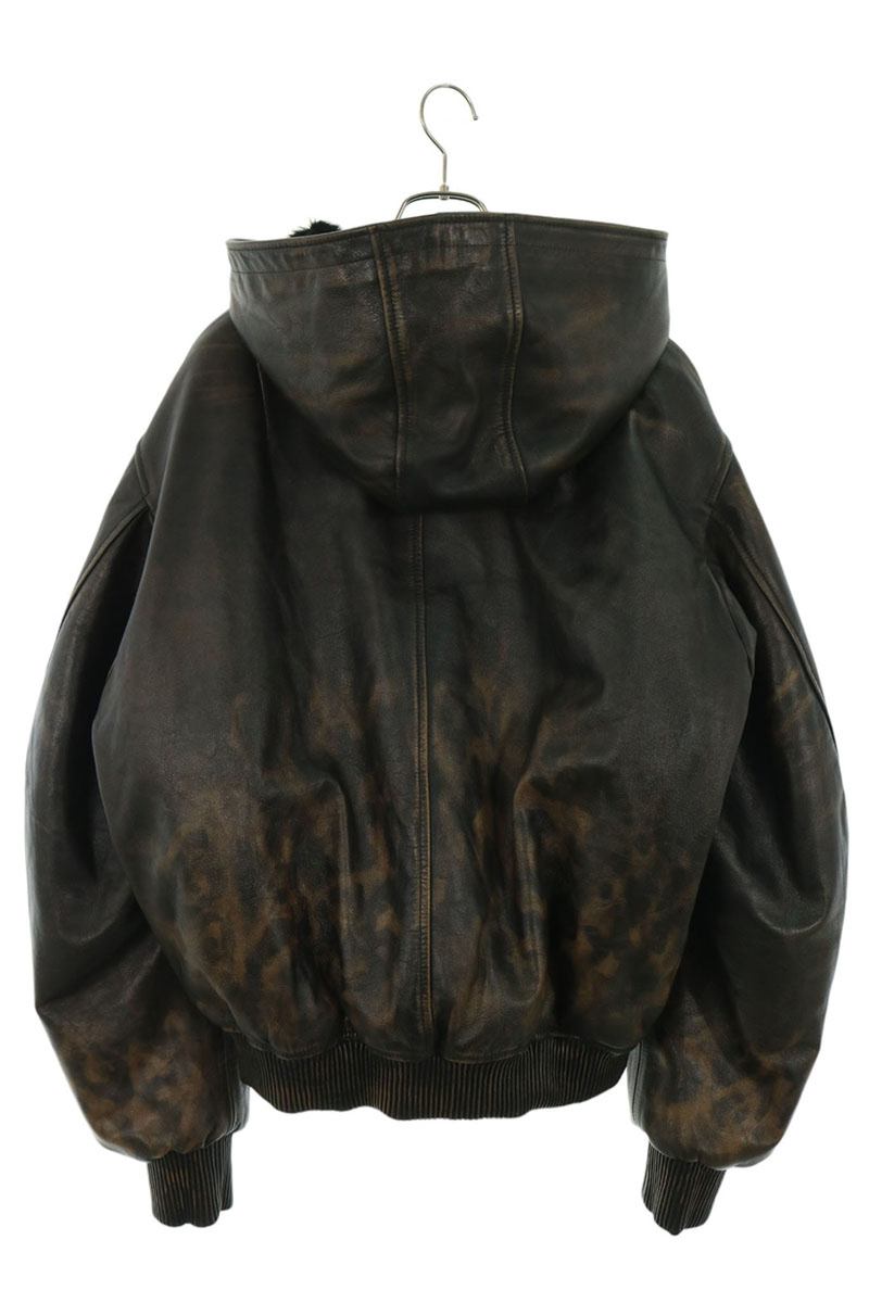 424 Leopard Print Hooded Leather Bomber Jacket Brown Size L