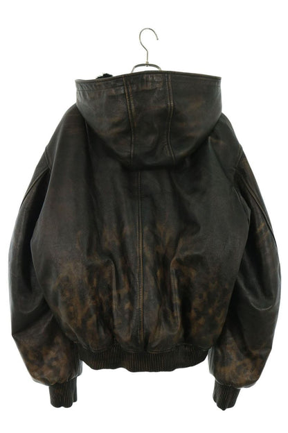424 Leopard Print Hooded Leather Bomber Jacket Brown Size L