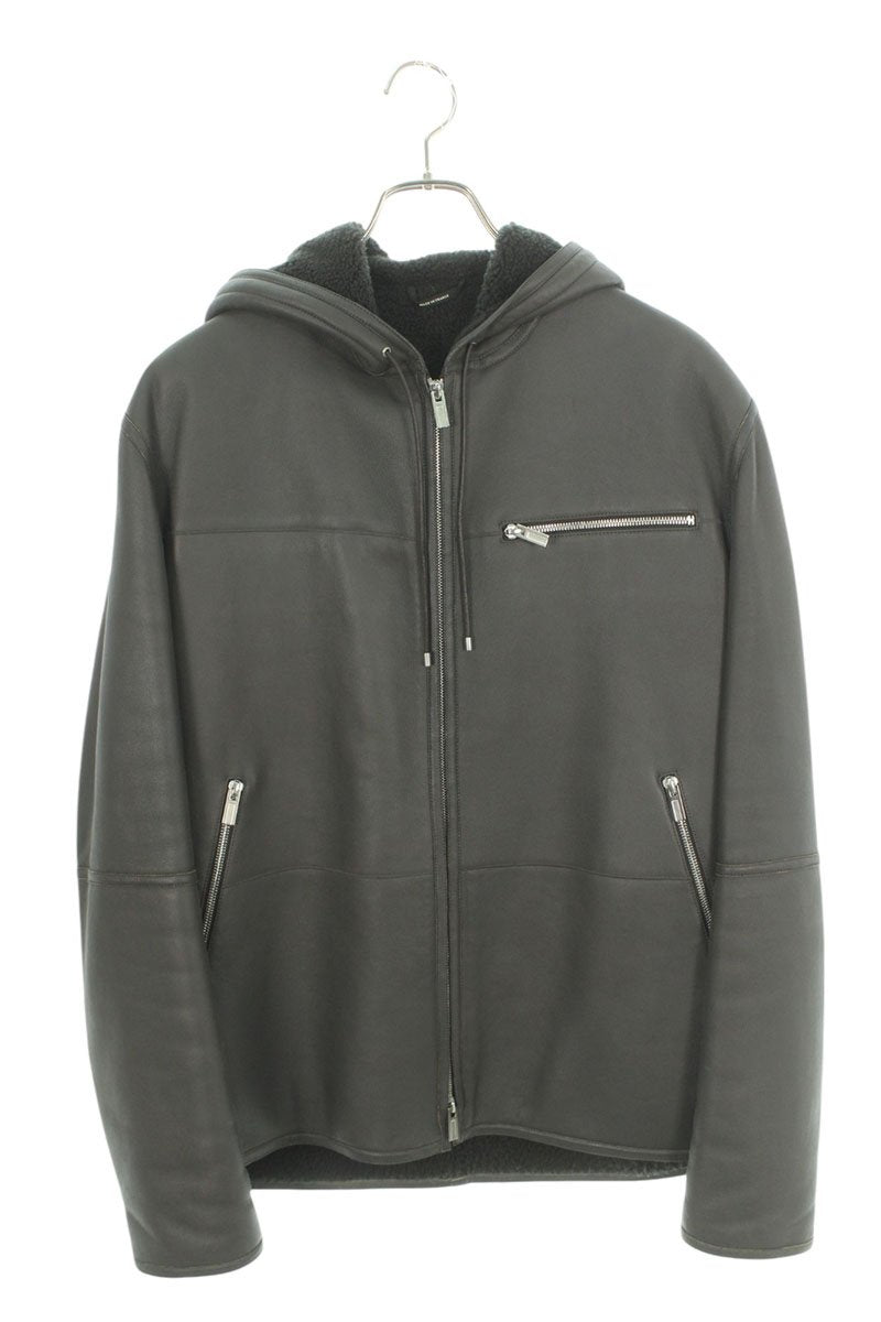 HERMES Black Zip-Up Shearling Hooded Leather Blouson Size M