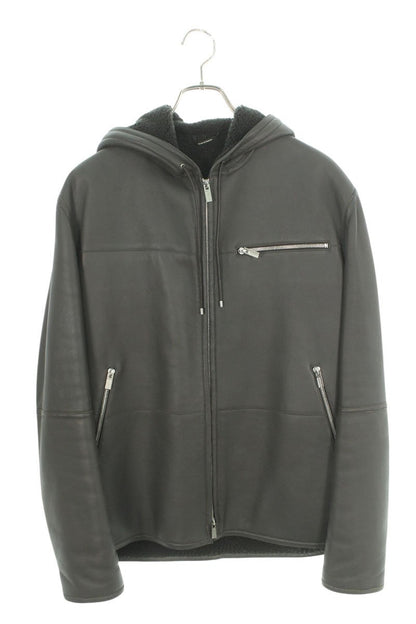HERMES Black Zip-Up Shearling Hooded Leather Blouson Size M
