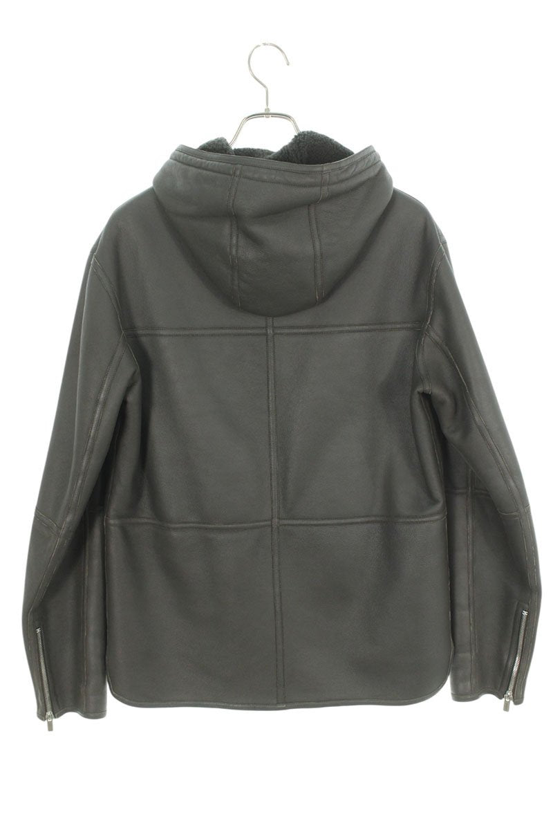 HERMES Black Zip-Up Shearling Hooded Leather Blouson Size M