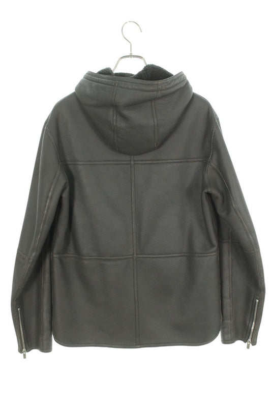 HERMES Black Zip-Up Shearling Hooded Leather Blouson Size M