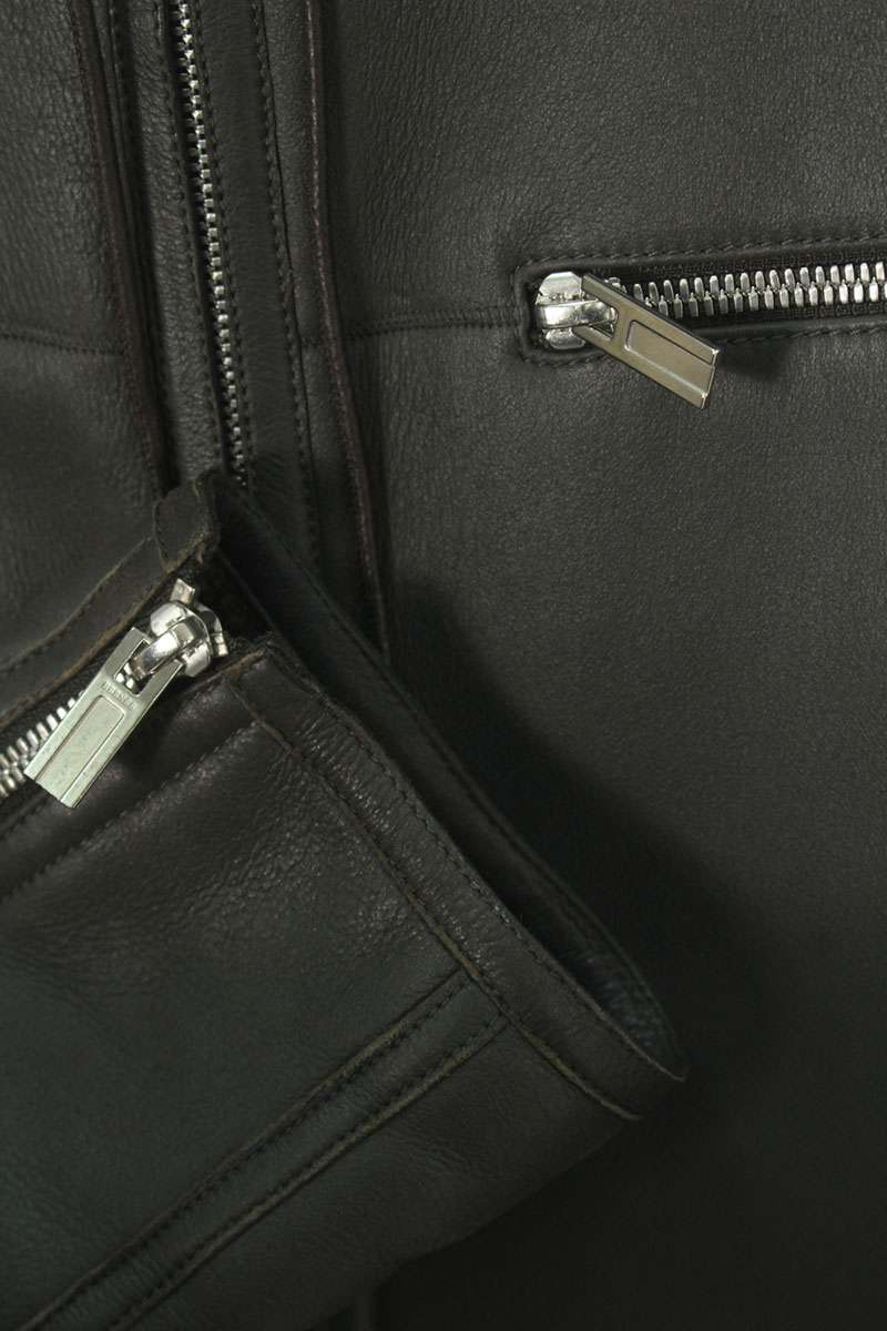 HERMES Black Zip-Up Shearling Hooded Leather Blouson Size M