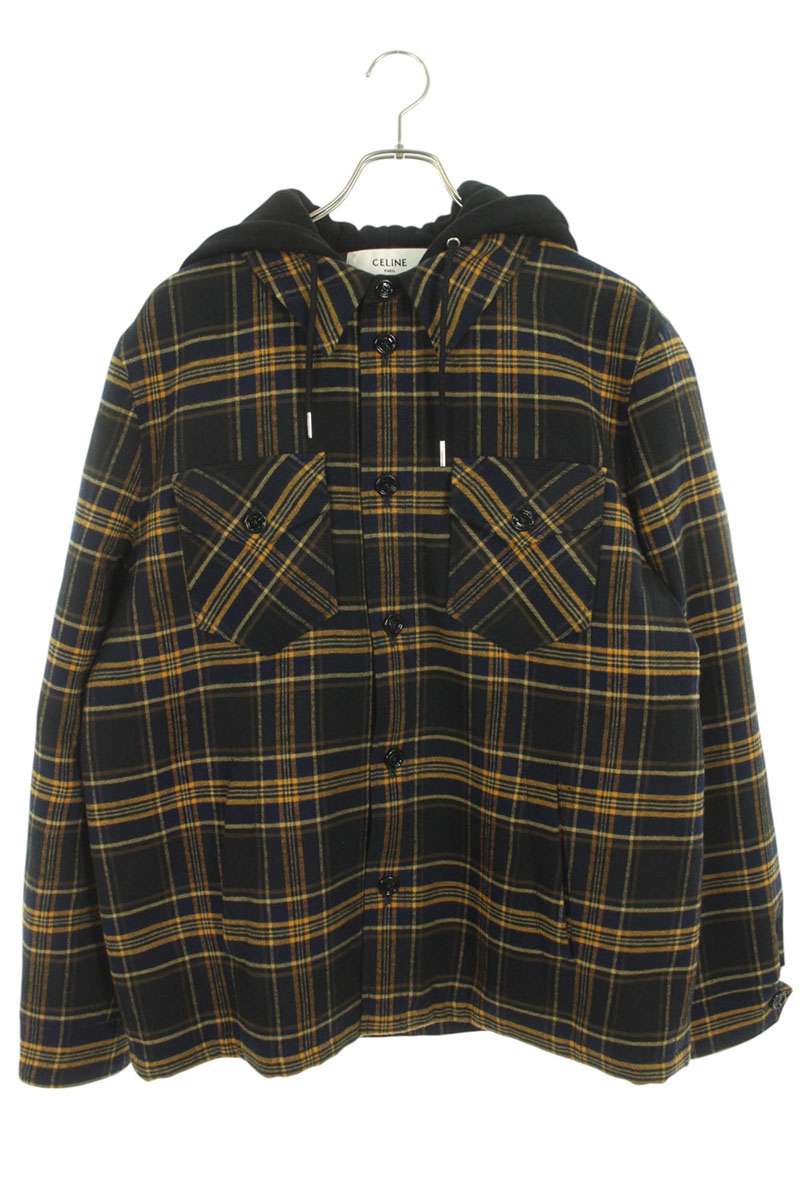 CELINE Multi Cotton Check Hood Logo Blouson Size M