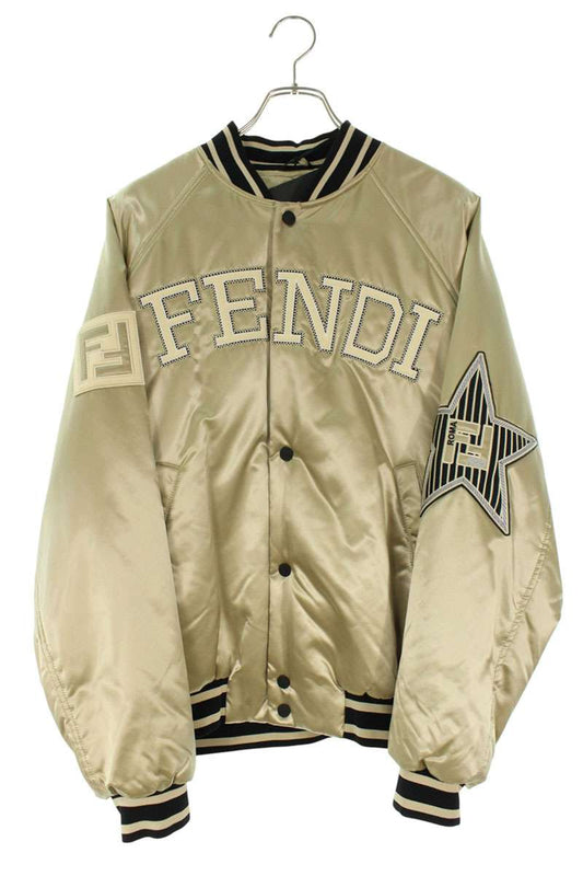 FENDI Logo Embroidered Nylon Varsity Jacket Silver Size M