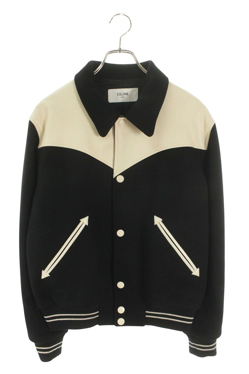 CELINE Teddy Leather Yoke Wool Varsity Jacket Black Size L