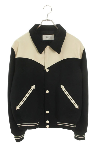 CELINE Teddy Leather Yoke Wool Varsity Jacket Black Size L
