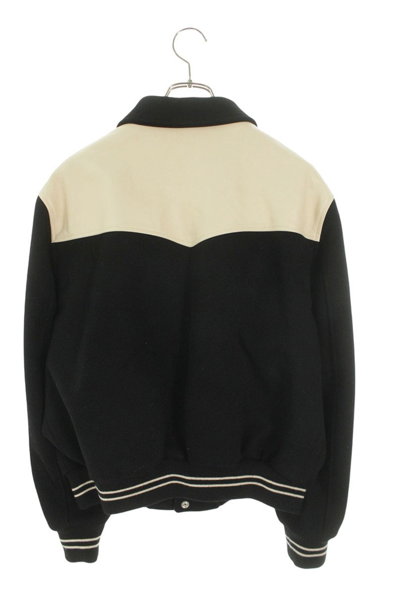 CELINE Teddy Leather Yoke Wool Varsity Jacket Black Size L