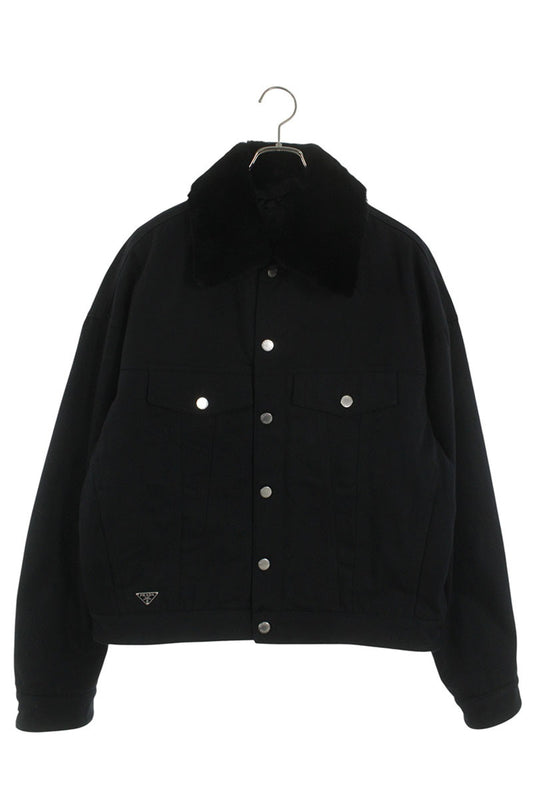 PRADA Logo Plate Padded Bull Denim Blouson Black Size M
