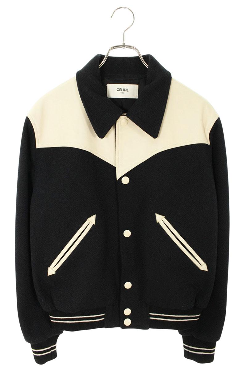 CELINE Teddy Leather Yoke Wool Varsity Jacket Multi Size M