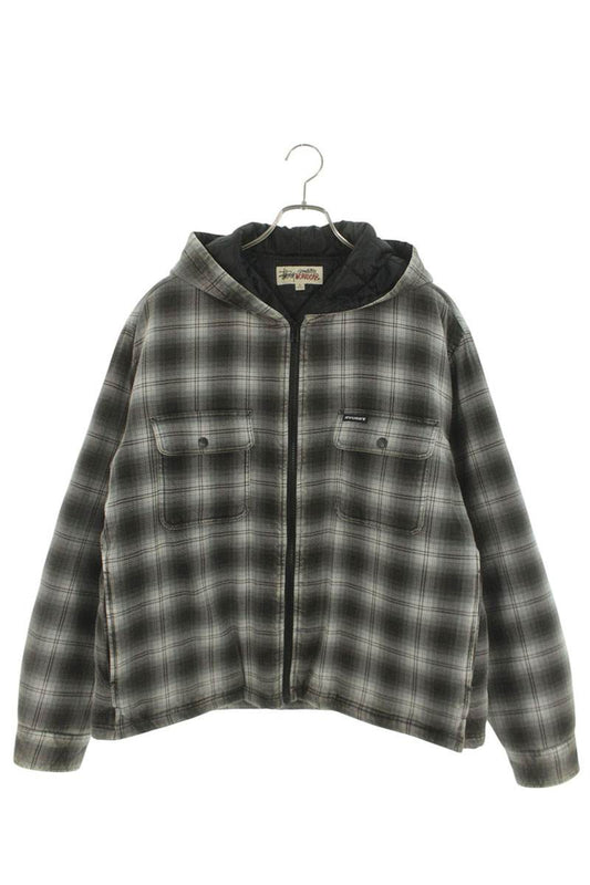STUSSY Gray Zip Hooded Plaid Shirt Jacket Size L