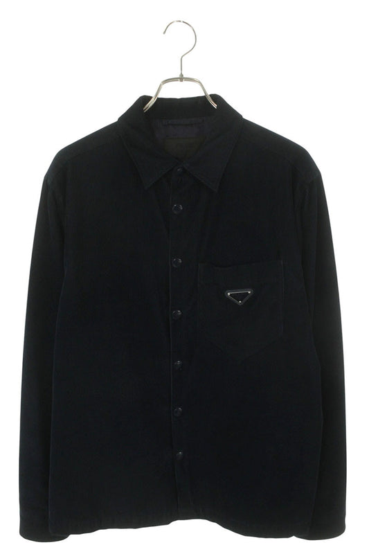 PRADA Logo Plate Corduroy Shirt Jacket Navy Size M