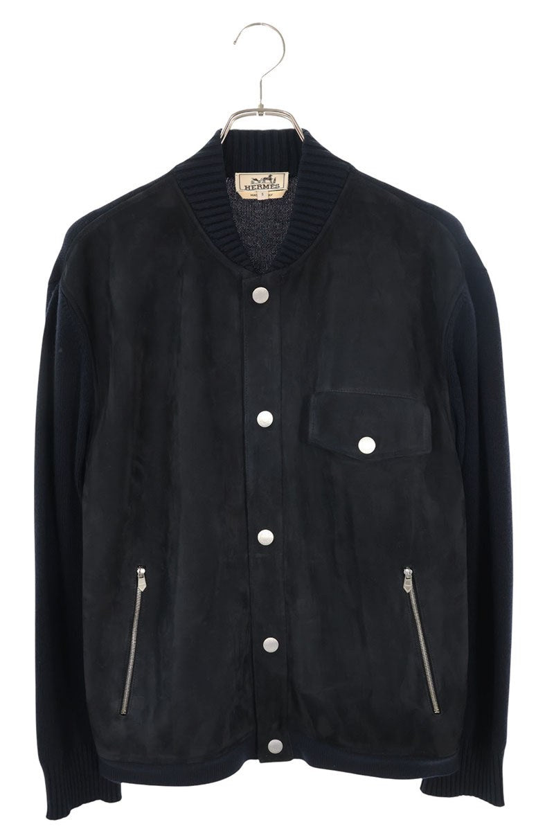 HERMES 25AW Devant Cuir Suede Panel Blouson Navy Size S