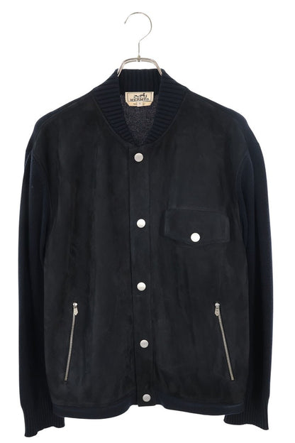 HERMES 25AW Devant Cuir Suede Panel Blouson Navy Size S