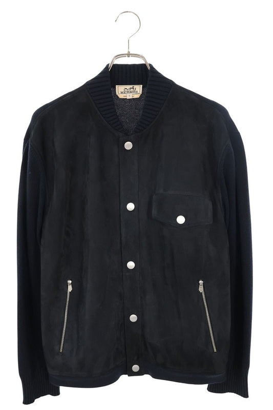 HERMES 25AW Devant Cuir Suede Panel Blouson Navy Size S