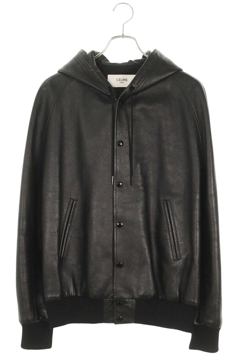 CELINE Soft Lambskin Leather Hood Logo Blouson Black Size S