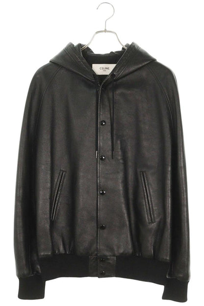 CELINE Soft Lambskin Leather Hood Logo Blouson Black Size S