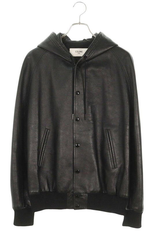 CELINE Soft Lambskin Leather Hood Logo Blouson Black Size S