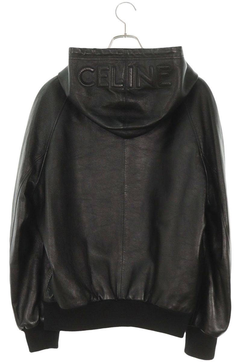 CELINE Soft Lambskin Leather Hood Logo Blouson Black Size S