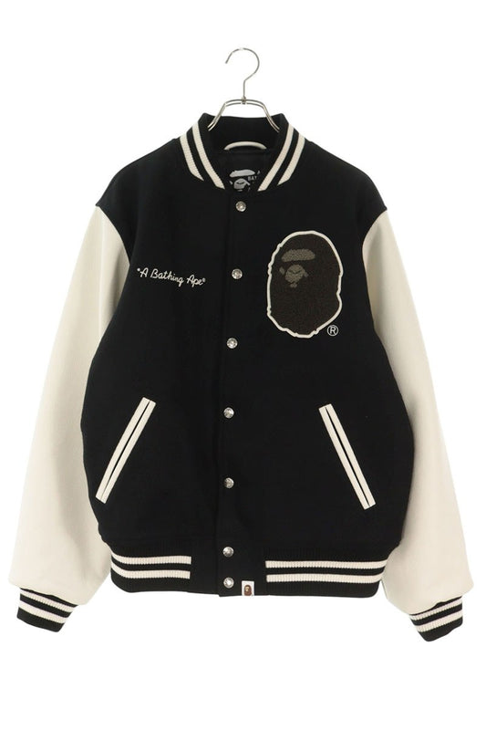 A BATHING APE Leather Panel Varsity Black White Jacket Size L