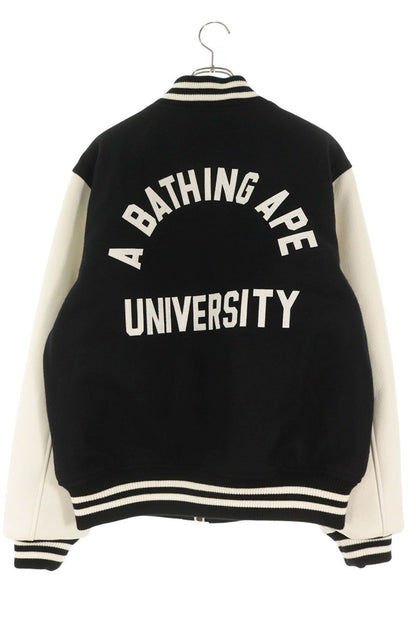 A BATHING APE Leather Panel Varsity Black White Jacket Size L