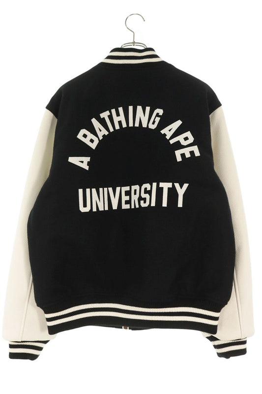 A BATHING APE Leather Panel Varsity Black White Jacket Size L