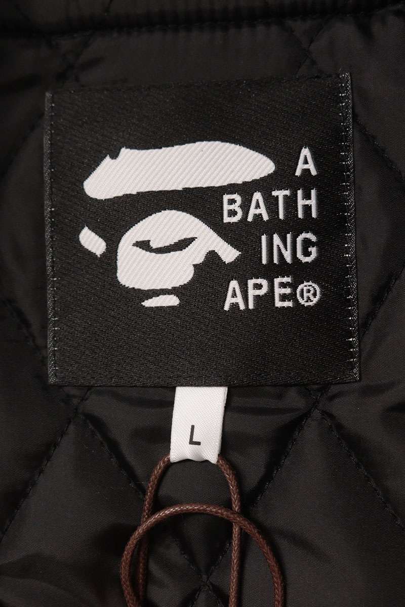 A BATHING APE Leather Panel Varsity Black White Jacket Size L
