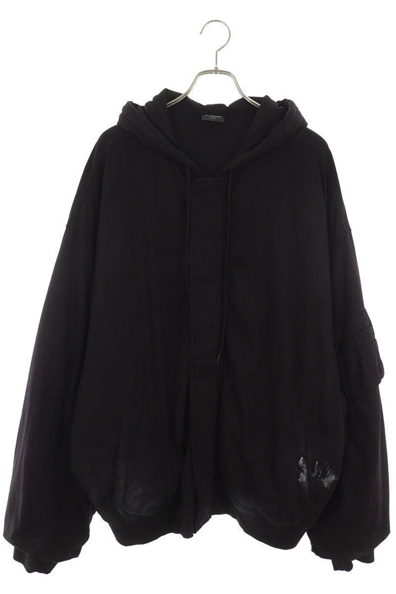 BALENCIAGA Back Logo Hooded Zip Bomber Jacket Black Size L
