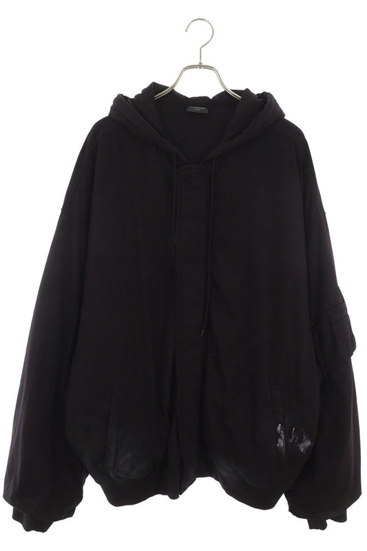 BALENCIAGA Back Logo Hooded Zip Bomber Jacket Black Size L