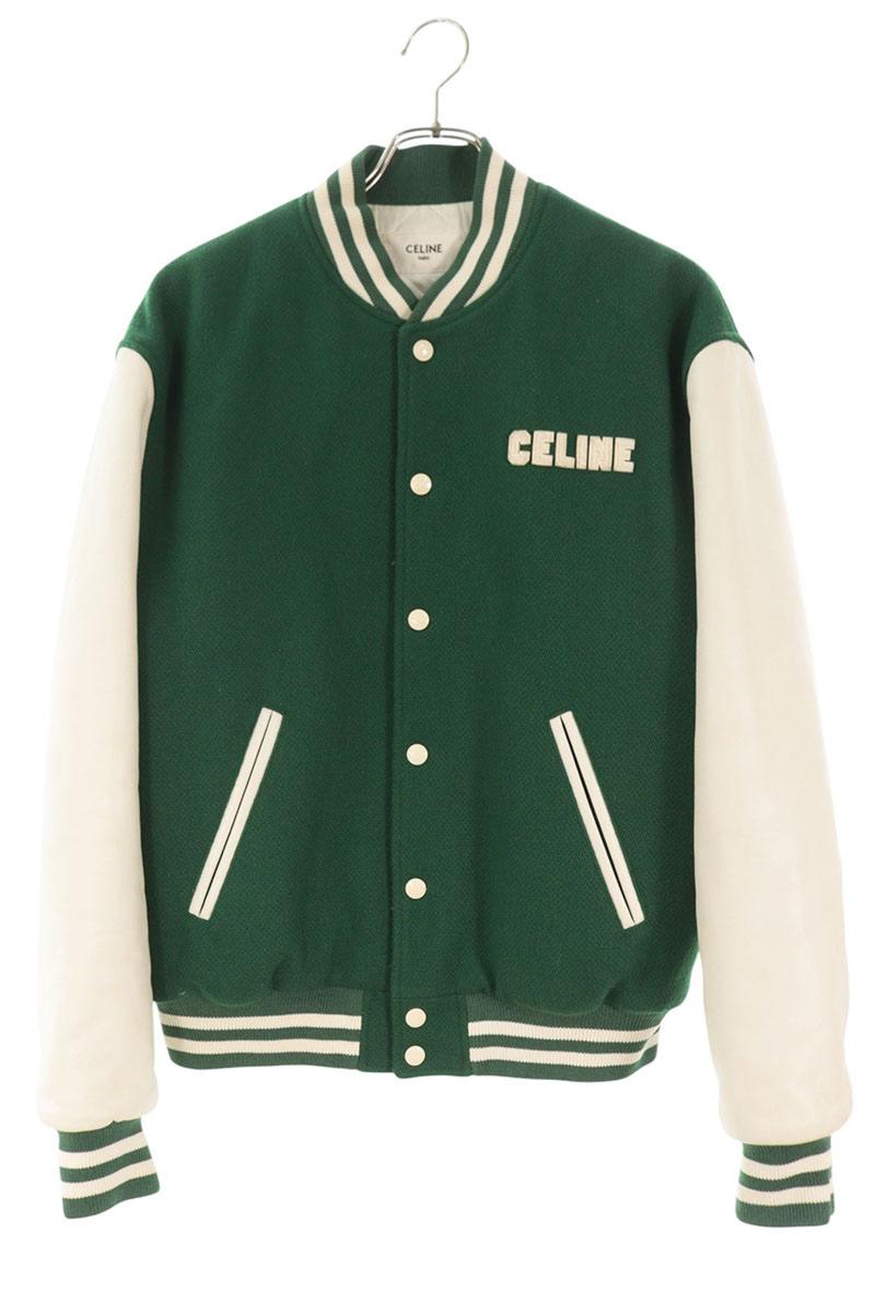 CELINE Logo Leather Patch Teddy Jacket Green/White Size 44