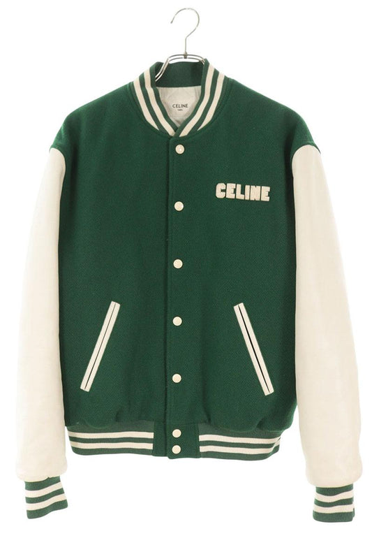 CELINE Logo Leather Patch Teddy Jacket Green/White Size 44