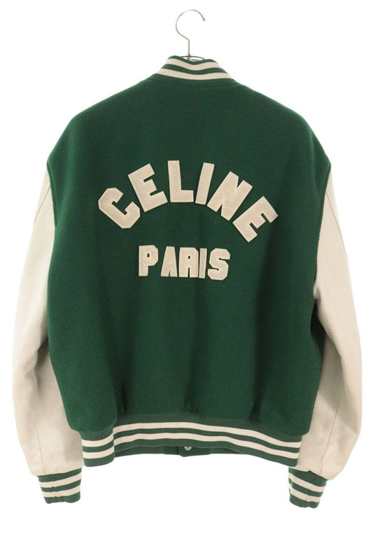 CELINE Logo Leather Patch Teddy Jacket Green/White Size 44
