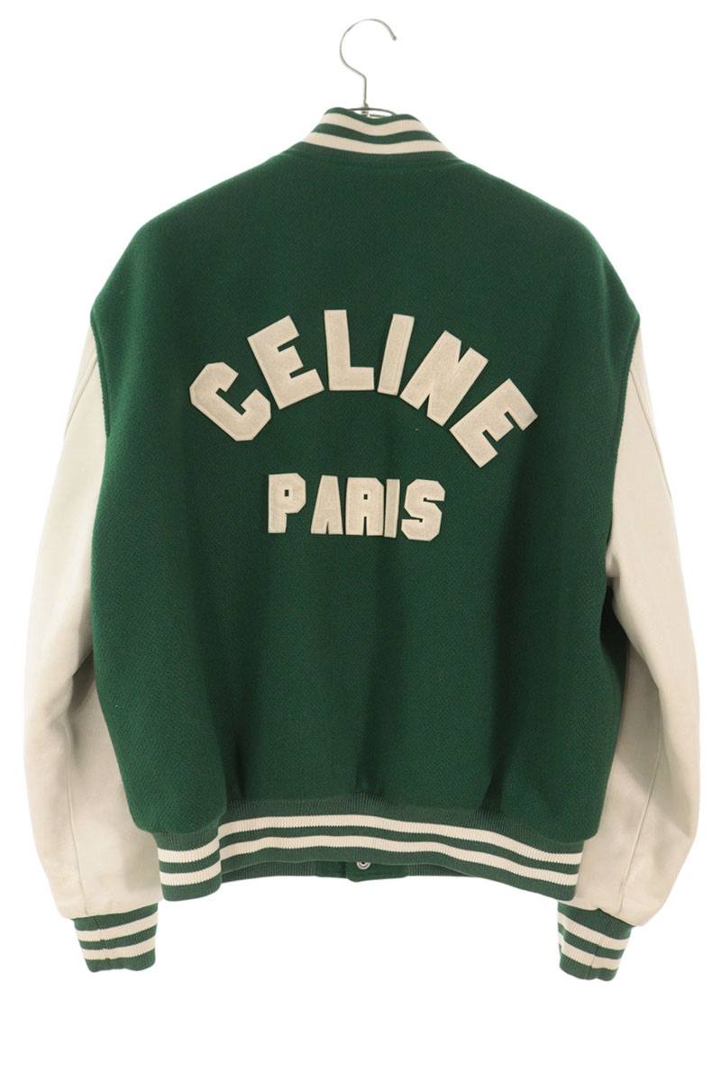 CELINE Logo Leather Patch Teddy Jacket Green/White Size 44