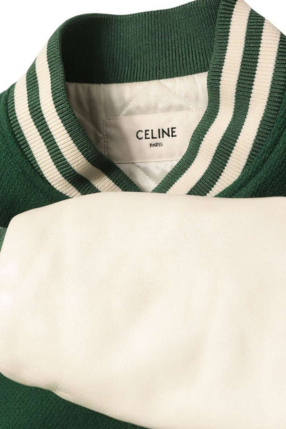 CELINE Logo Leather Patch Teddy Jacket Green/White Size 44