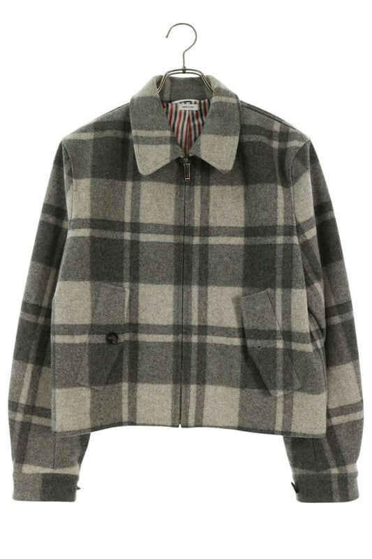THOM BROWNE MJU422A Wool Check Zip Jacket Gray Size 0