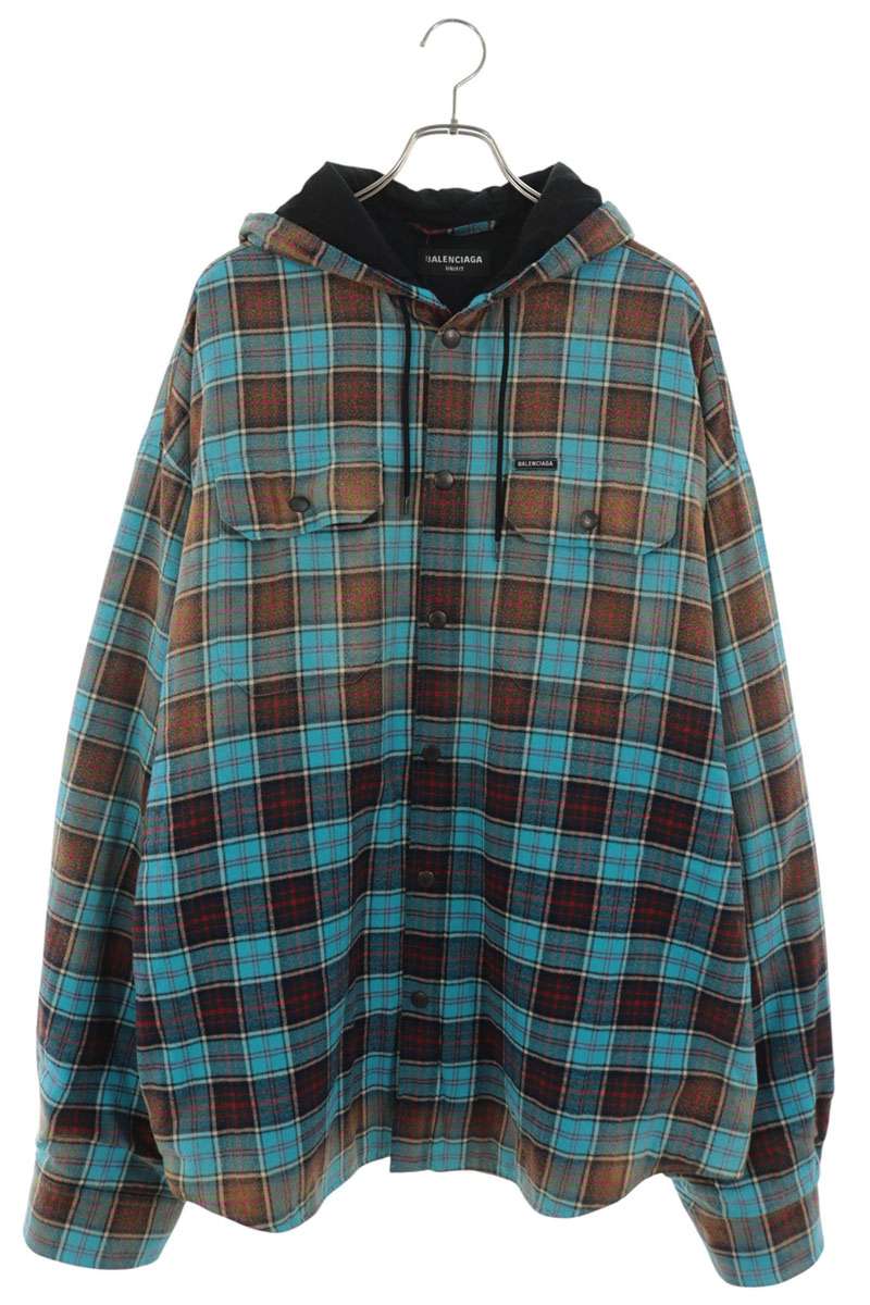 BALENCIAGA Blue Black Check Hooded Jacket Size XS