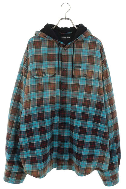 BALENCIAGA Blue Black Check Hooded Jacket Size XS