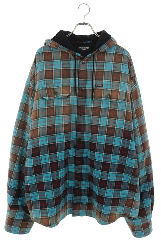 BALENCIAGA Blue Black Check Hooded Jacket Size XS