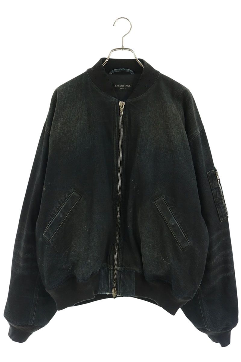BALENCIAGA Distressed Denim Bomber Jacket Black Size M