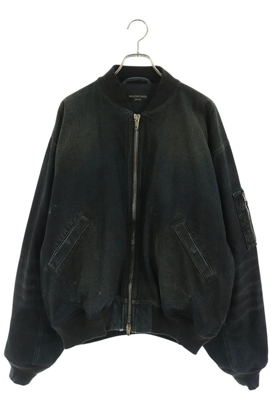 BALENCIAGA Distressed Denim Bomber Jacket Black Size M