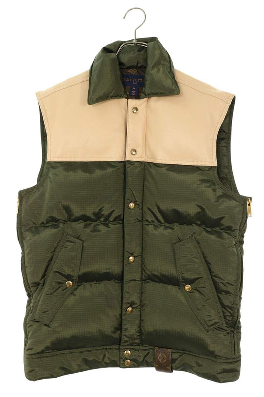 LOUISVUITTON Leather Panel Down Vest Khaki Beige Size L