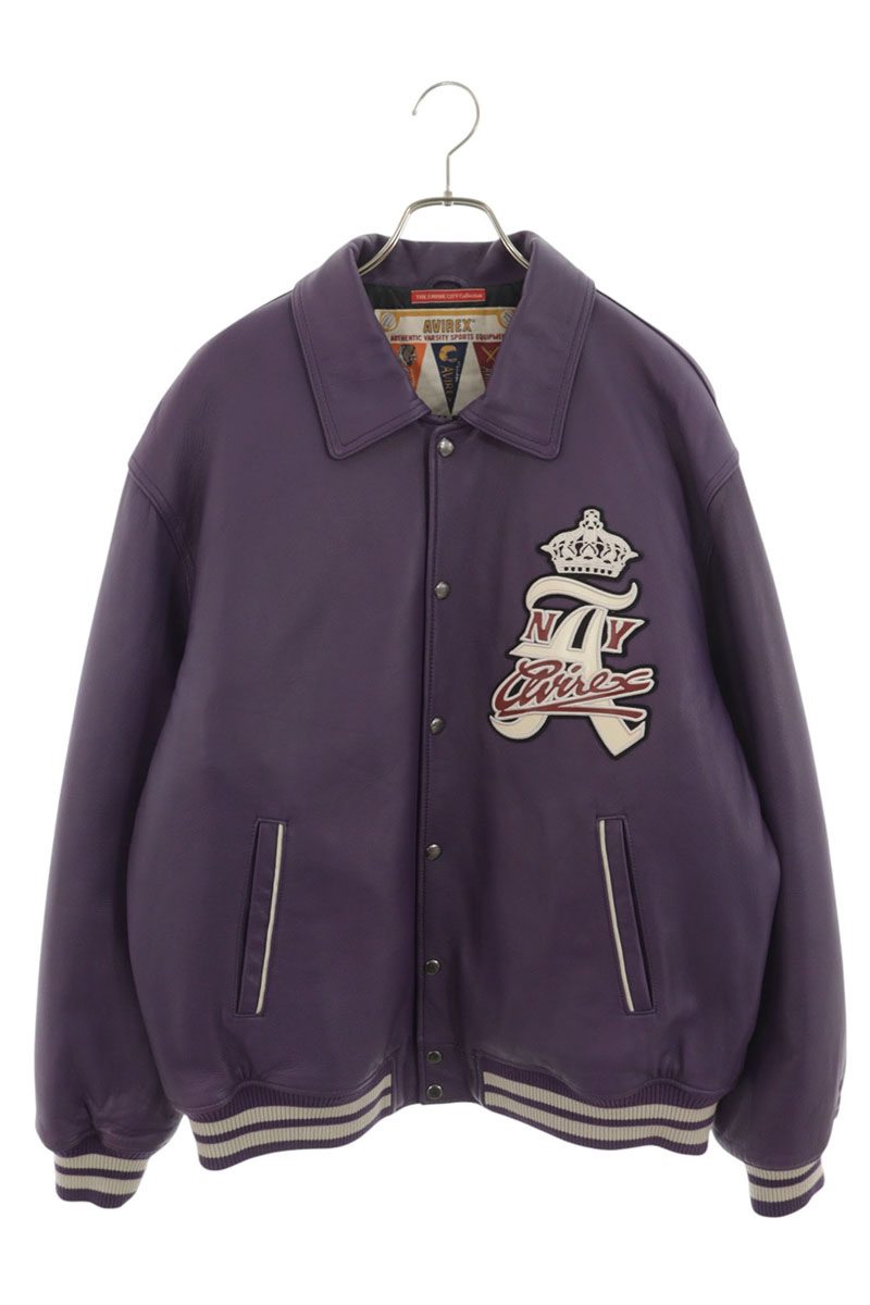 AVIREX Sheepskin Crown Logo Varsity Jacket Purple Size XL