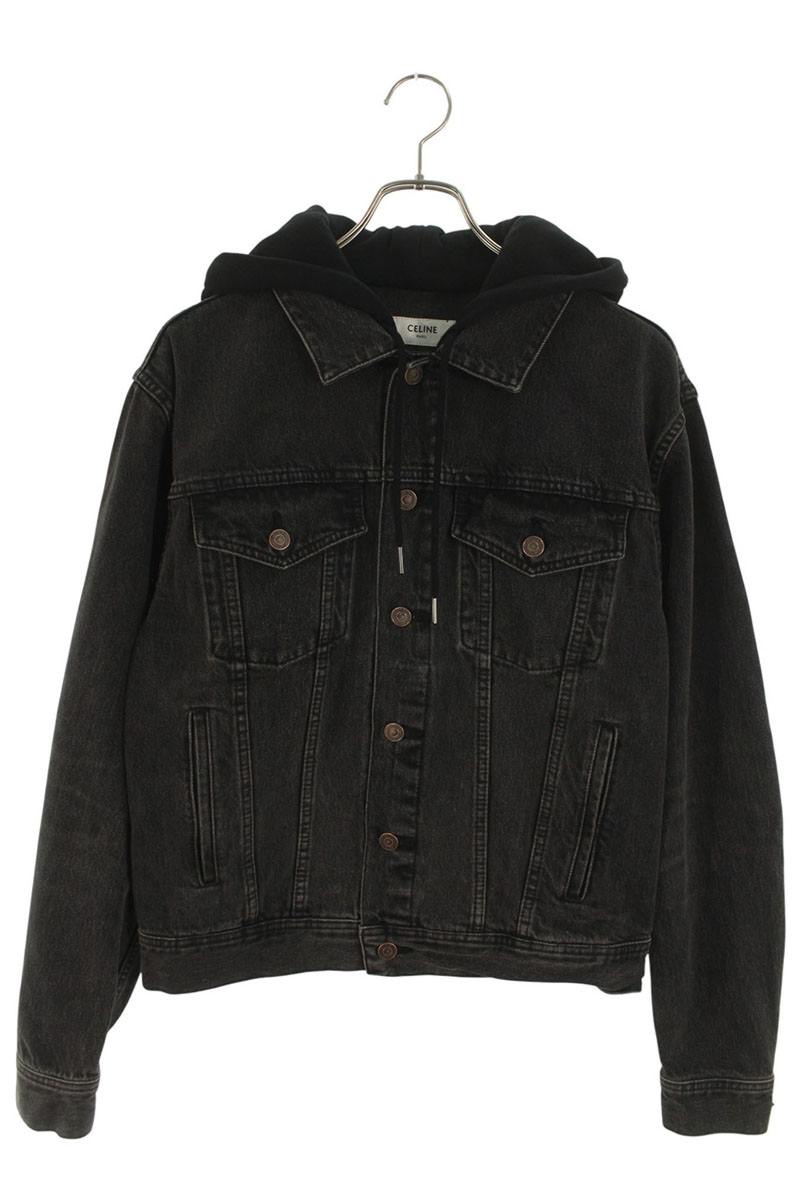 CELINE Logo Print Hooded Denim Jacket Black Size S