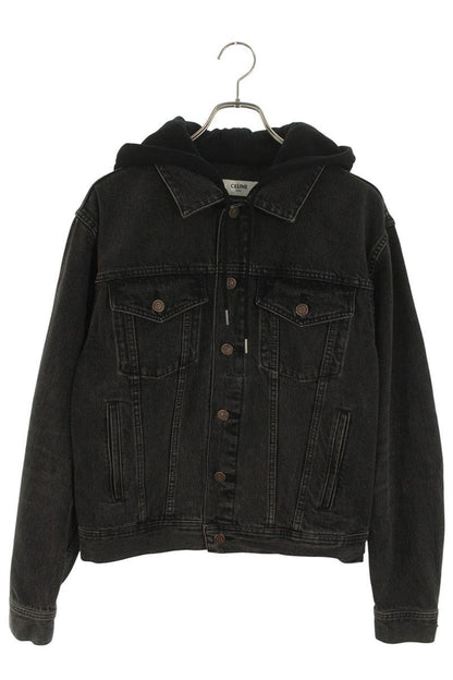 CELINE Logo Print Hooded Denim Jacket Black Size S