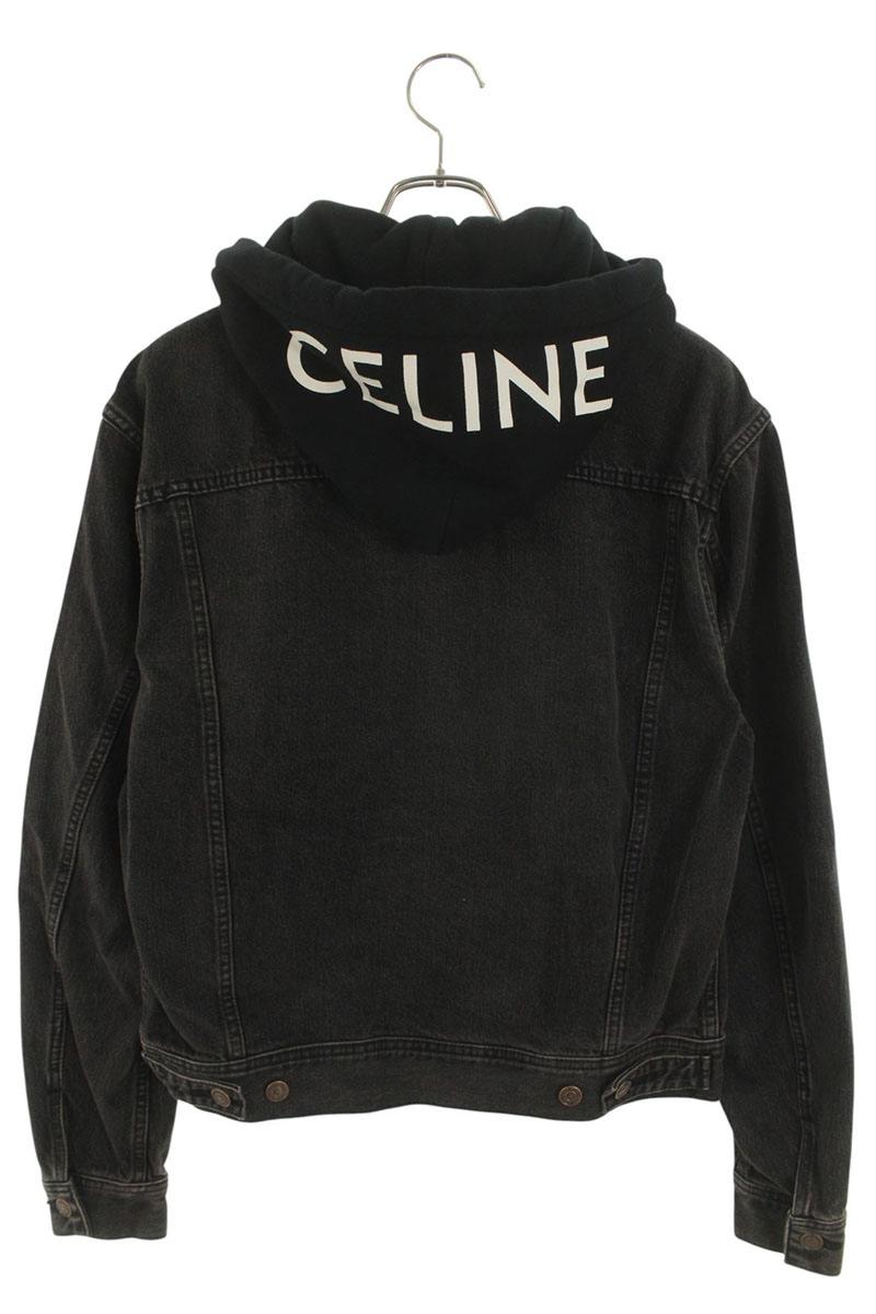 CELINE Logo Print Hooded Denim Jacket Black Size S
