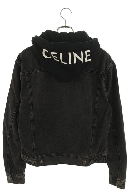 CELINE Logo Print Hooded Denim Jacket Black Size S