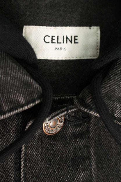 CELINE Logo Print Hooded Denim Jacket Black Size S