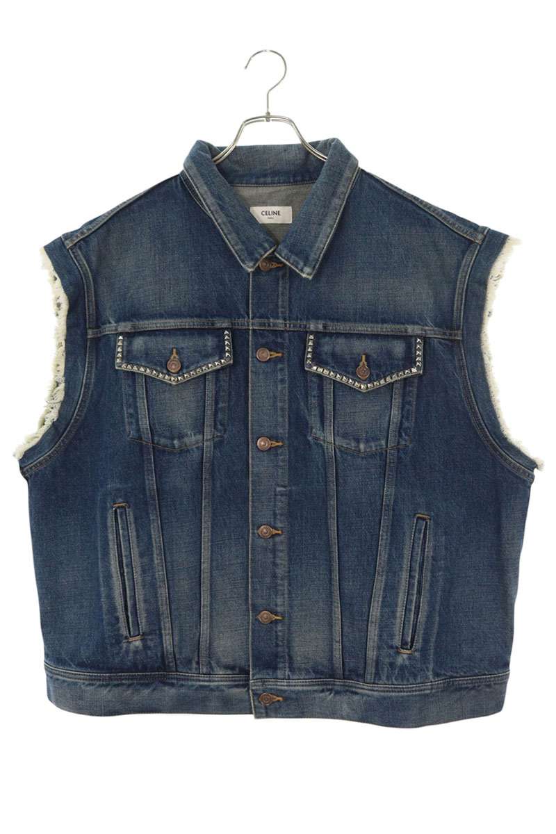 CELINE 22SS Studded Cutoff Denim Jacket Blue/Silver Size XL