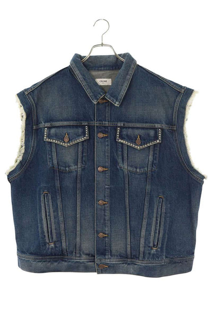 CELINE 22SS Studded Cutoff Denim Jacket Blue/Silver Size XL